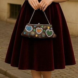 Lapis Brown Satin Beaded Bag Heart Embellished Vintage Boho Evening Clutch